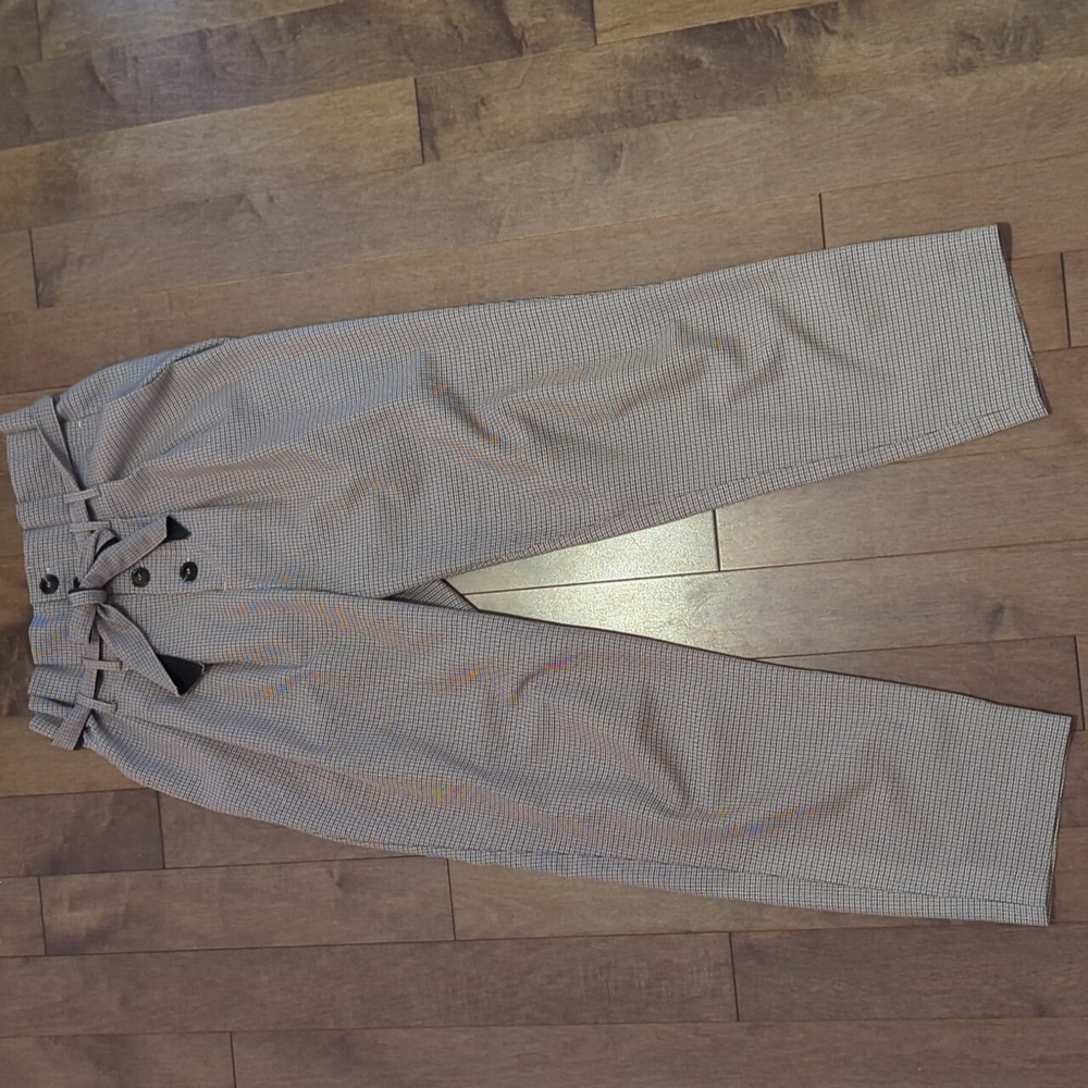 High-Waisted Cropped Plaid Pants With Paperbag Waist